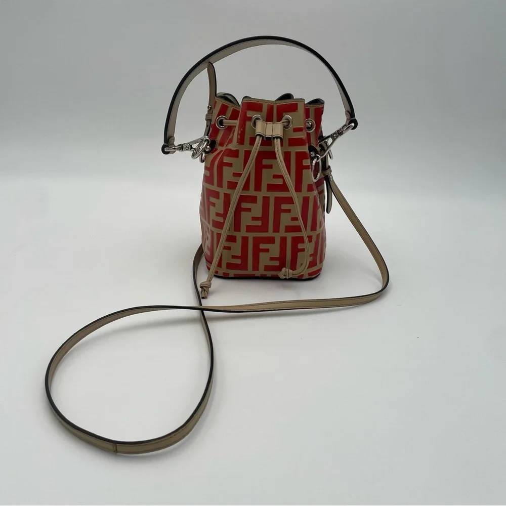 (SOLD) Fendi Monogram Embossed Beige/Red Leather Tresor Drawstring Bucket Bag - Picture 12 of 17